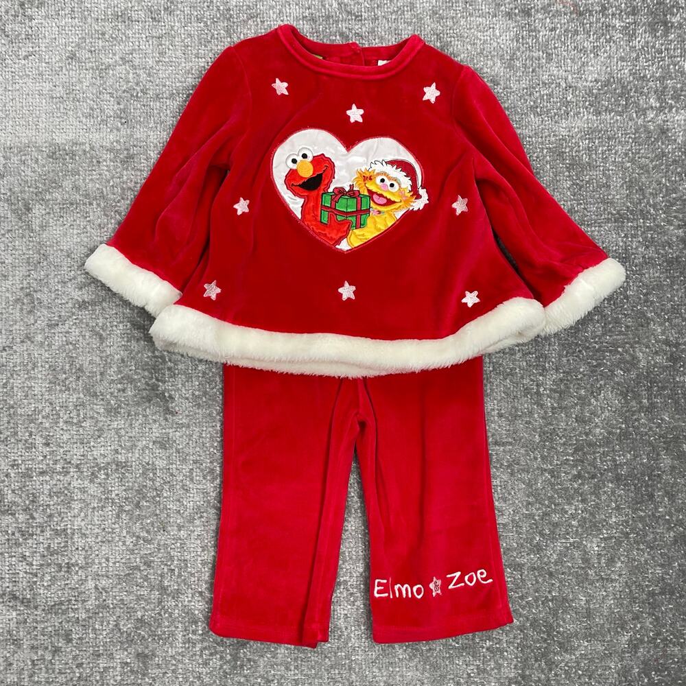 Vintage Sesame Street Baby Christmas Outfit 12M Velour Red Elmo Zoe Top + Pants
